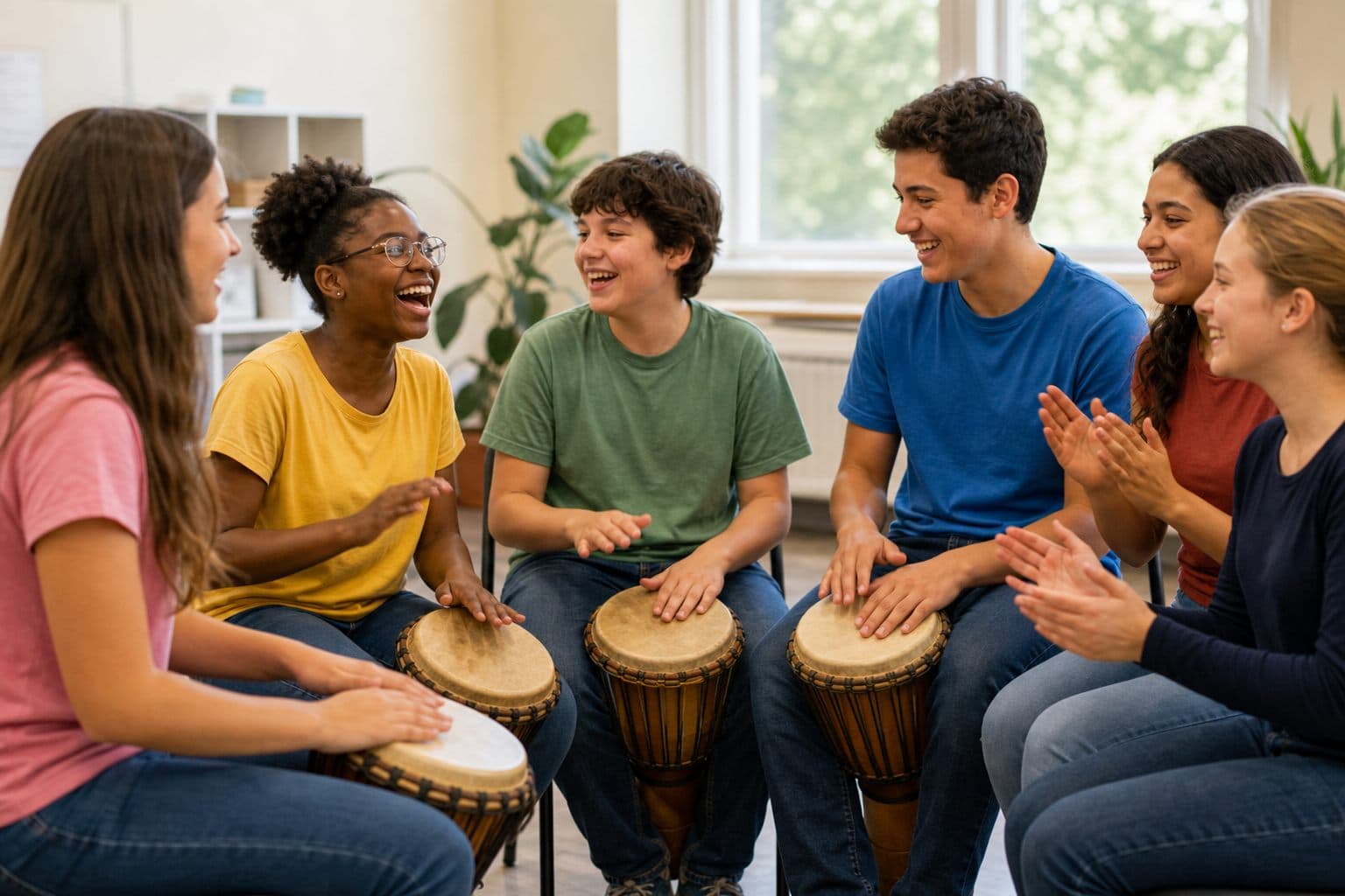 Children and teens sitting in a circle playing hand drums and laughing together