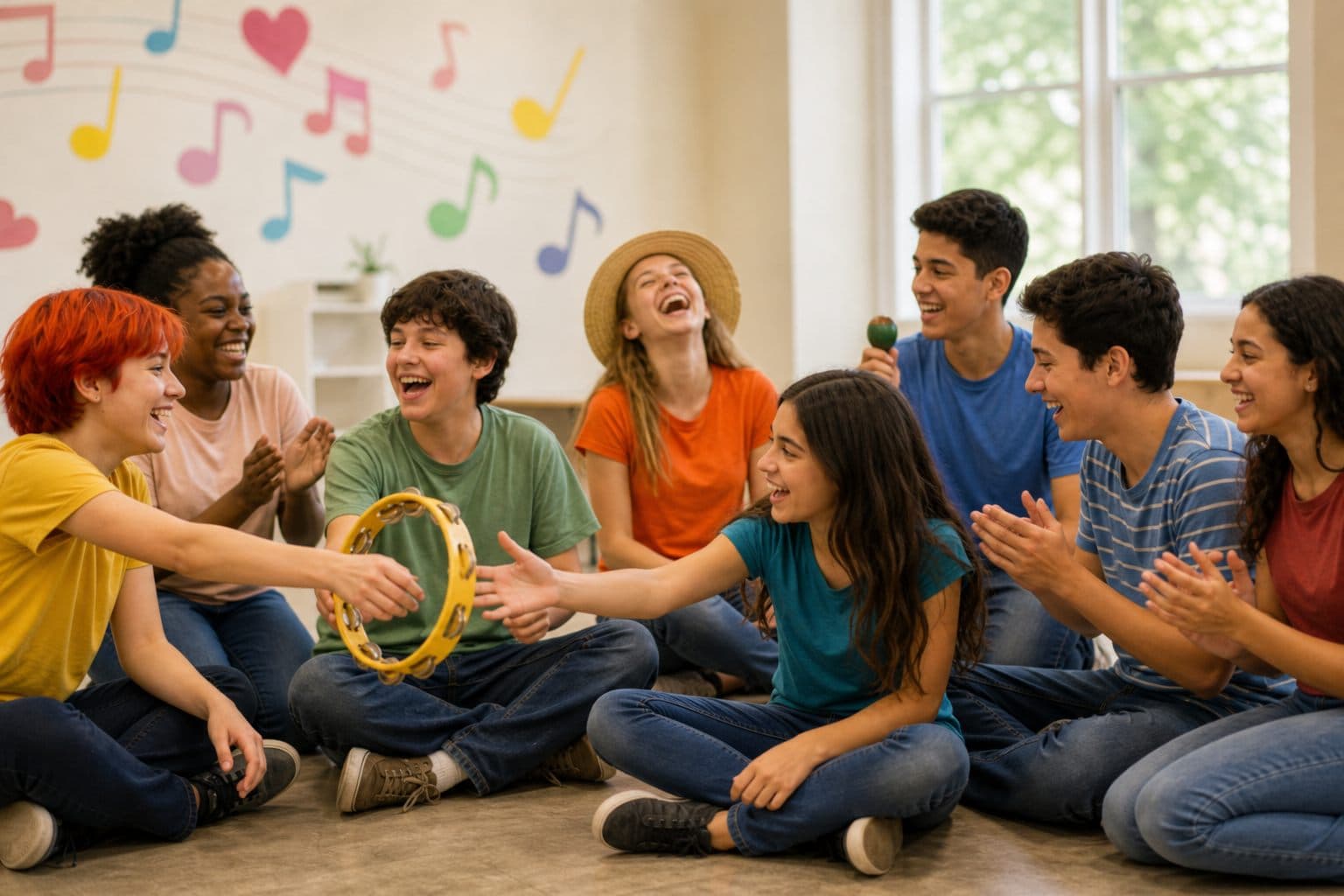 Children and teens sitting in a circle passing a tambourine and clapping together