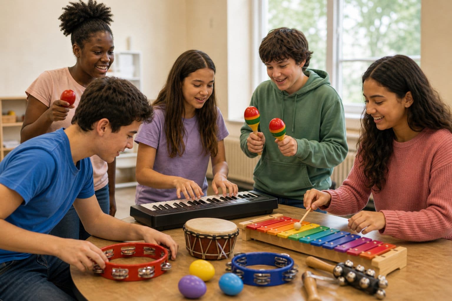 Children and teens trying out a keyboard, xylophone, tambourines, and shakers together