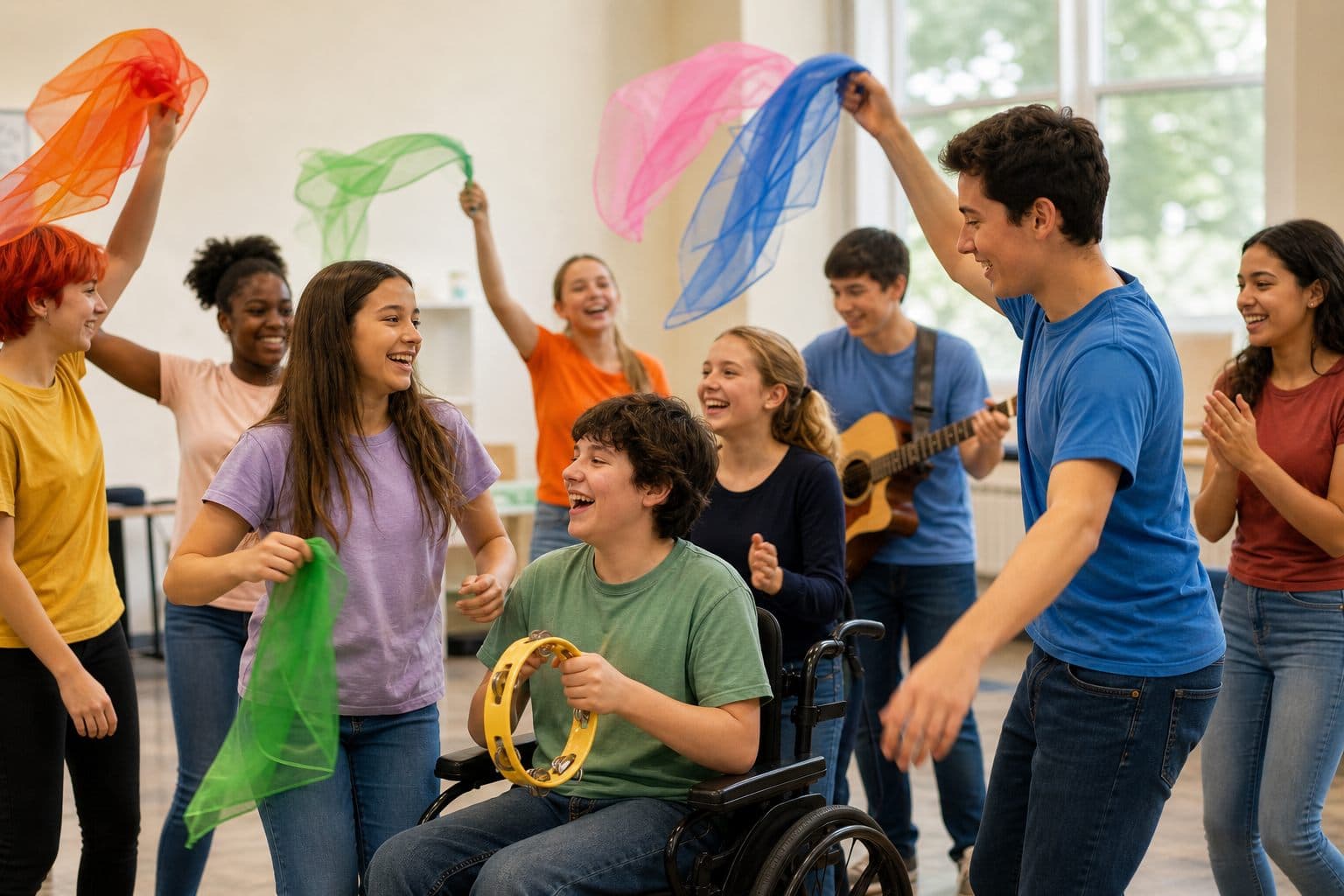Children and teens, including a boy in a wheelchair, playing music with colorful scarves