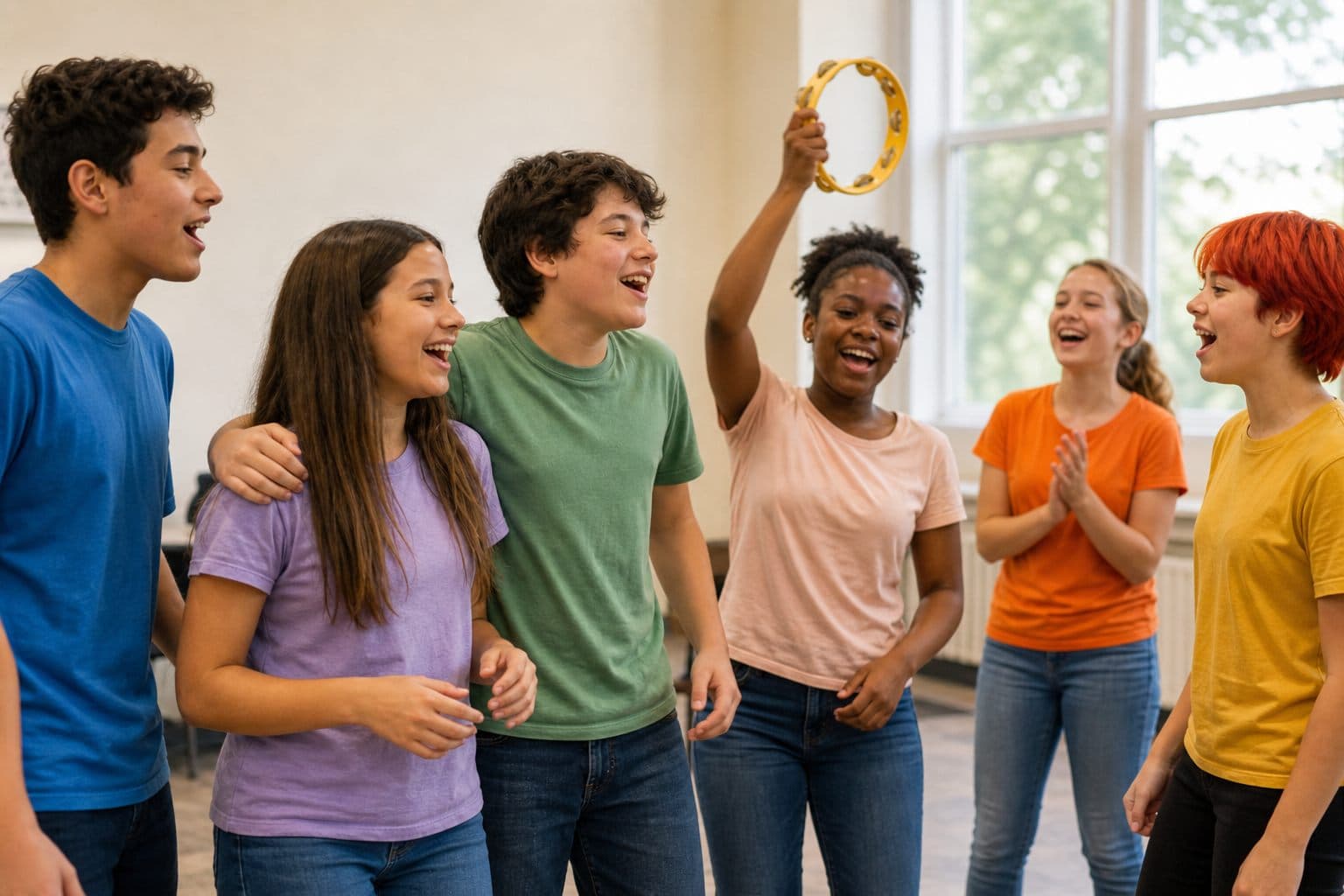 Children and teens singing together, arms around each other, mid-song