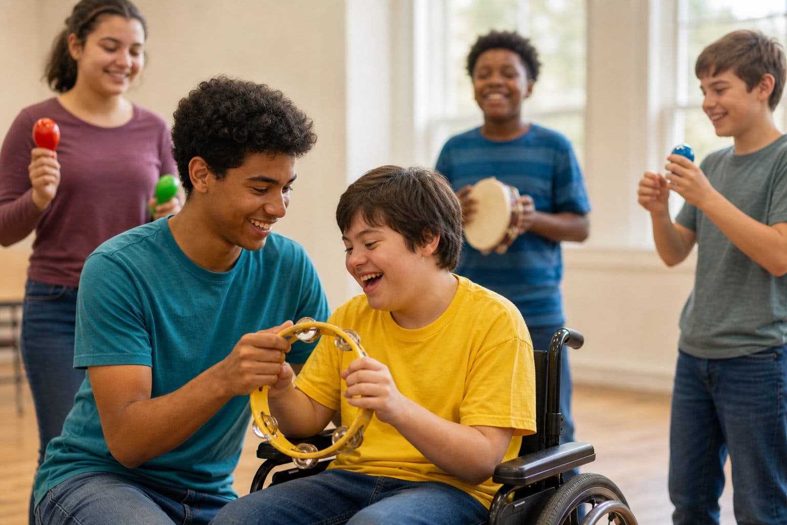 A teen volunteer helping a younger child play a tambourine, both laughing